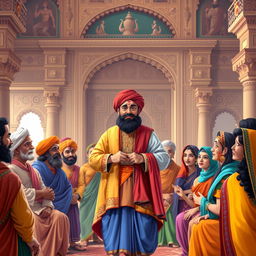 Birbal, an Indian historical figure, depicted in traditional Mughal attire, standing confidently at the center, sharing his wisdom