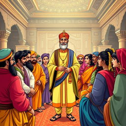 Birbal, an Indian historical figure, depicted in traditional Mughal attire, standing confidently at the center, sharing his wisdom