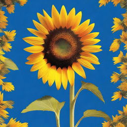 Generate an image portraying a towering sunflower standing tall against a cobalt blue sky, the golden petals glowing in the sunlight, and the dark seed-filled center creating a stunning contrast