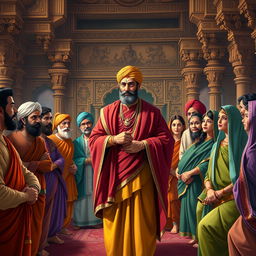 Birbal, an Indian historical figure, depicted in traditional Mughal attire, standing confidently at the center, sharing his wisdom