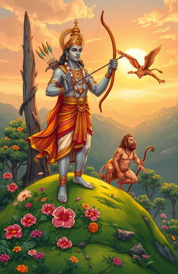 A beautifully illustrated scene from the Ramayana, depicting the heroic figure of Lord Rama, dressed in traditional royal attire, complete with a bow and arrow