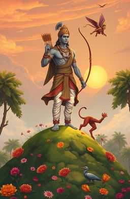 A beautifully illustrated scene from the Ramayana, depicting the heroic figure of Lord Rama, dressed in traditional royal attire, complete with a bow and arrow