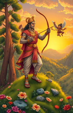 A beautifully illustrated scene from the Ramayana, depicting the heroic figure of Lord Rama, dressed in traditional royal attire, complete with a bow and arrow