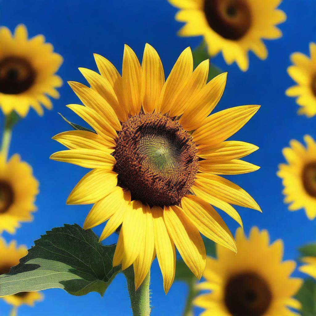 Generate an image portraying a towering sunflower standing tall against a cobalt blue sky, the golden petals glowing in the sunlight, and the dark seed-filled center creating a stunning contrast