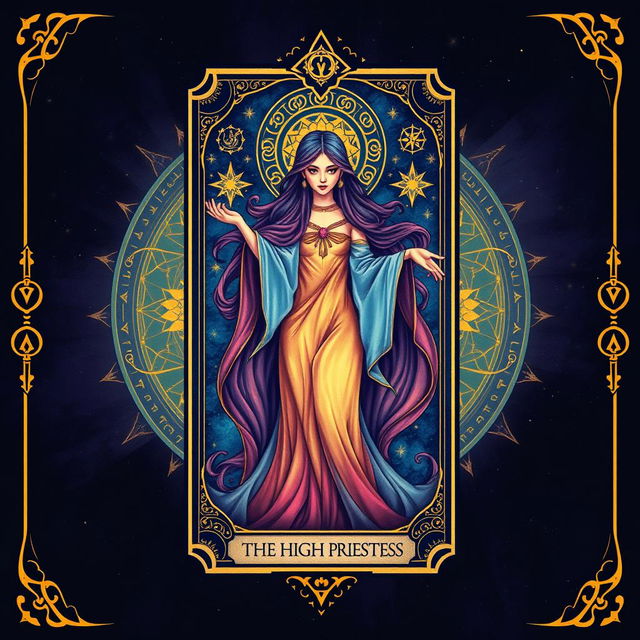 A beautifully illustrated tarot card design with gold accents, showcasing a mystical theme