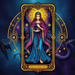 A beautifully illustrated tarot card design with gold accents, showcasing a mystical theme