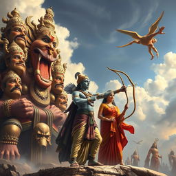 A grand and epic scene from the Ramayana, featuring Lord Rama and Sita, accompanied by Lakshmana, standing valiantly against the formidable Ravana, depicted with ten heads, each expressing different emotions