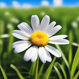 Create an image portraying a delicate daisy with pure white petals and a bright yellow center, standing alone on a blanket of lush, green grass under an azure sky