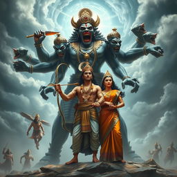 A grand and epic scene from the Ramayana, featuring Lord Rama and Sita, accompanied by Lakshmana, standing valiantly against the formidable Ravana, depicted with ten heads, each expressing different emotions