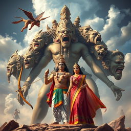 A grand and epic scene from the Ramayana, featuring Lord Rama and Sita, accompanied by Lakshmana, standing valiantly against the formidable Ravana, depicted with ten heads, each expressing different emotions