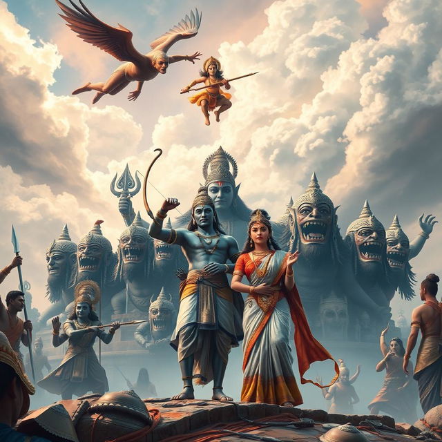 A grand and epic scene from the Ramayana, featuring Lord Rama and Sita, accompanied by Lakshmana, standing valiantly against the formidable Ravana, depicted with ten heads, each expressing different emotions