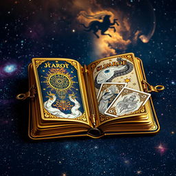 A mystical tarot diary, elegantly crafted in gold, featuring astral themes with unique, intricate designs