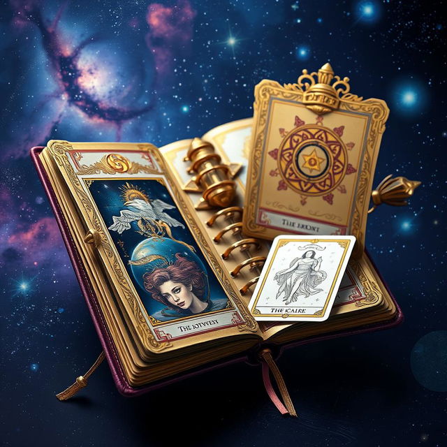 A mystical tarot diary, elegantly crafted in gold, featuring astral themes with unique, intricate designs