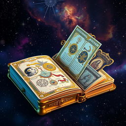 A mystical tarot diary, elegantly crafted in gold, featuring astral themes with unique, intricate designs