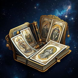 A mystical tarot diary, elegantly crafted in gold, featuring astral themes with unique, intricate designs