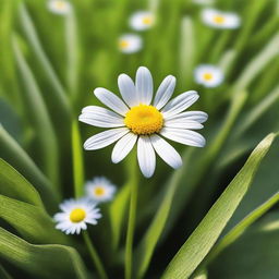 Create an image portraying a delicate daisy with pure white petals and a bright yellow center, standing alone on a blanket of lush, green grass under an azure sky