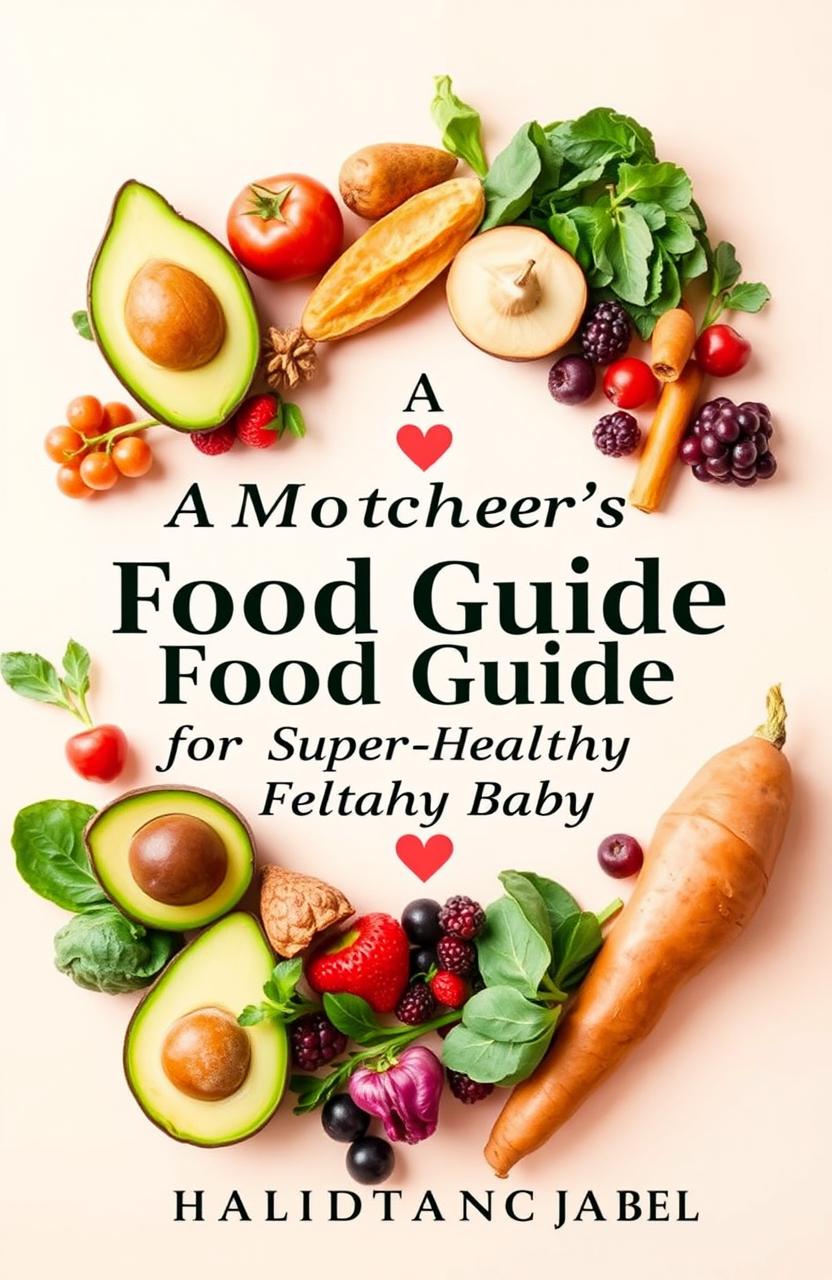 A beautifully designed food guide cover titled 'A Pregnant Mother's Food Guide for a Super-Healthy Baby' by Halindimana Jabel