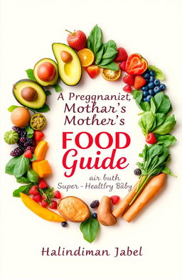 A beautifully designed food guide cover titled 'A Pregnant Mother's Food Guide for a Super-Healthy Baby' by Halindimana Jabel