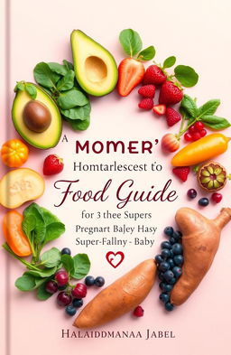 A beautifully designed food guide cover titled 'A Pregnant Mother's Food Guide for a Super-Healthy Baby' by Halindimana Jabel
