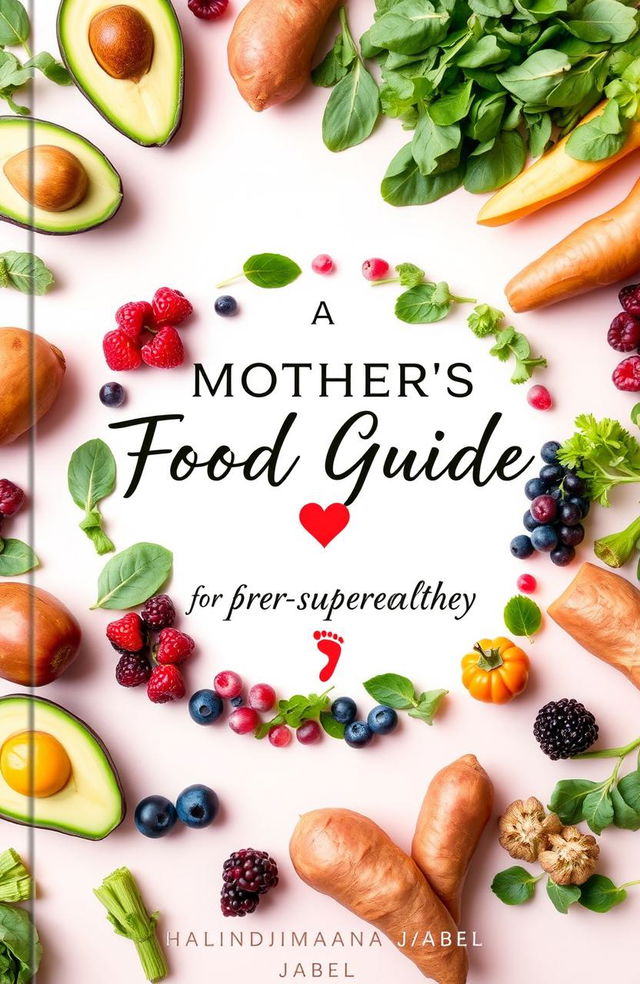 A beautifully designed food guide cover titled 'A Pregnant Mother's Food Guide for a Super-Healthy Baby' by Halindimana Jabel