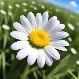 Create an image portraying a delicate daisy with pure white petals and a bright yellow center, standing alone on a blanket of lush, green grass under an azure sky