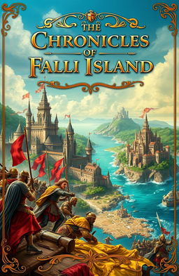 A captivating book cover design for 'The Chronicles Of Falli Island', featuring a majestic depiction of the Faladian Kingdom with elaborate castles and lush landscapes