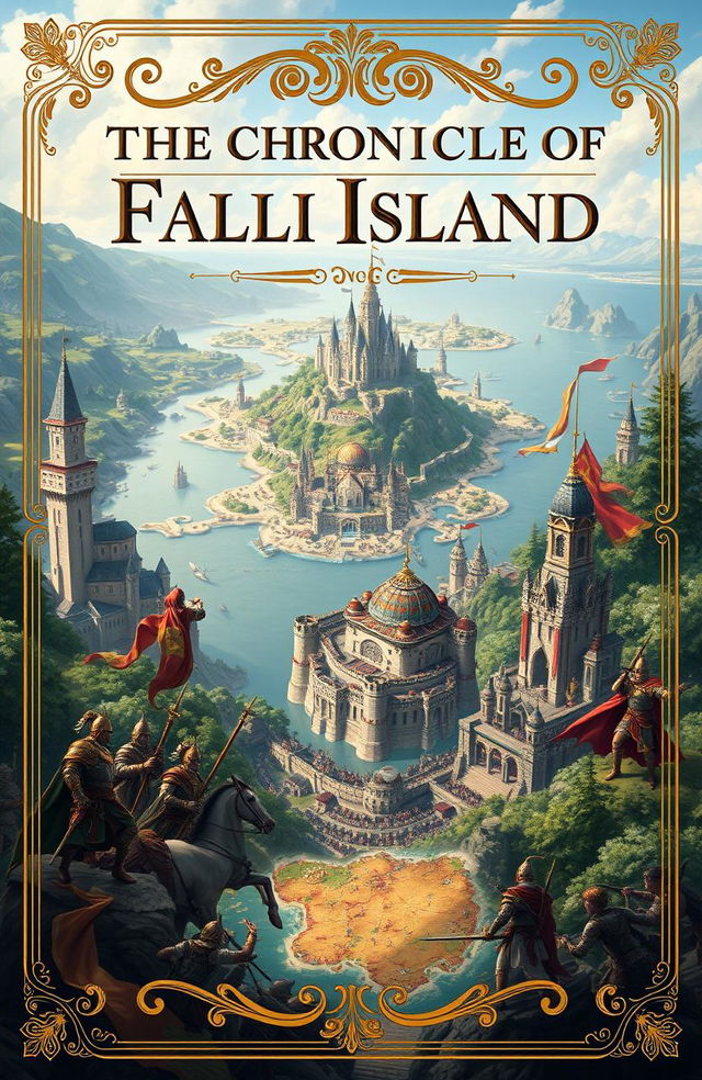 A captivating book cover design for 'The Chronicles Of Falli Island', featuring a majestic depiction of the Faladian Kingdom with elaborate castles and lush landscapes