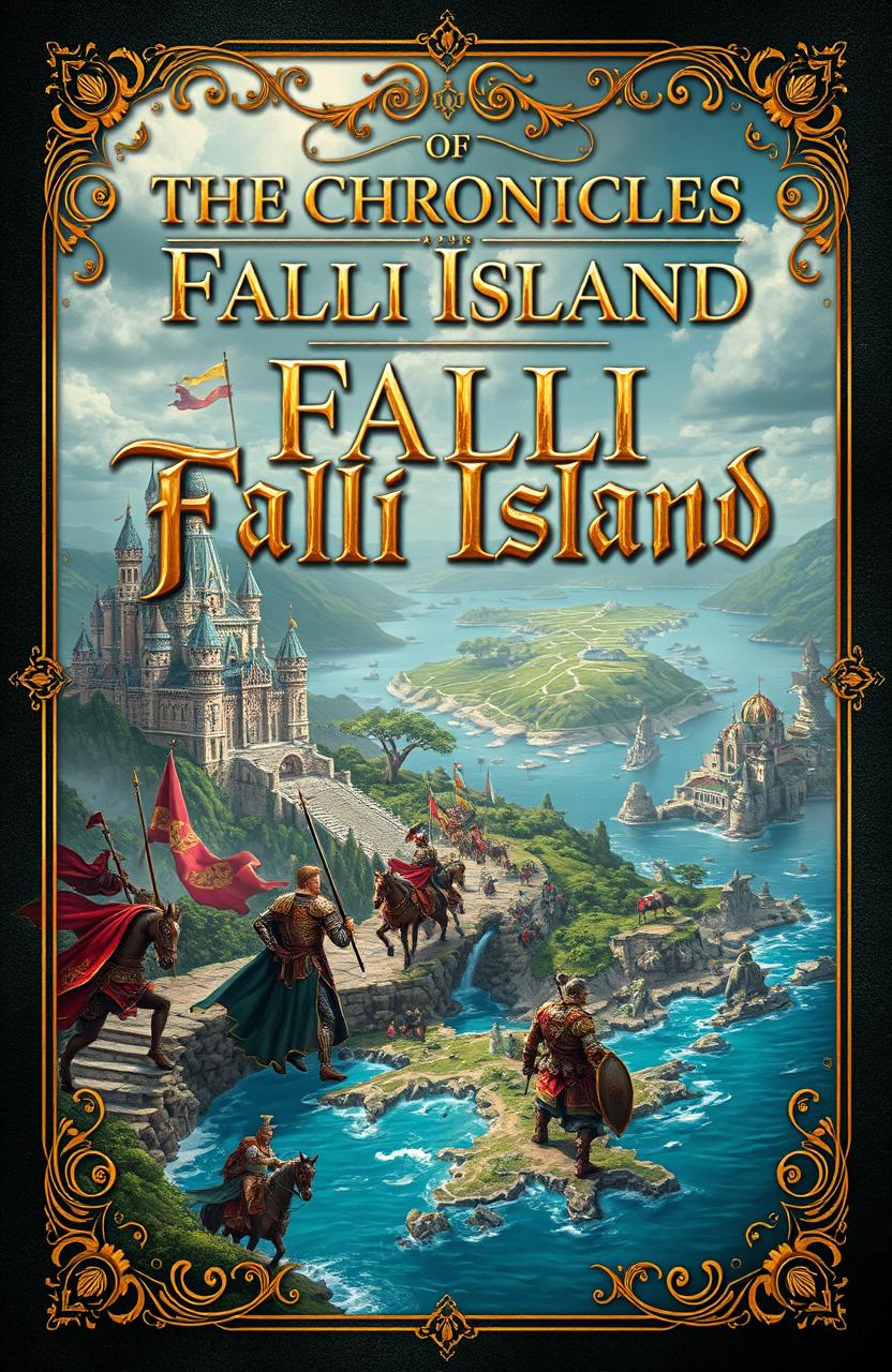 A captivating book cover design for 'The Chronicles Of Falli Island', featuring a majestic depiction of the Faladian Kingdom with elaborate castles and lush landscapes