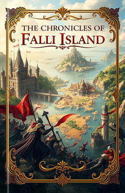 A captivating book cover design for 'The Chronicles Of Falli Island', featuring a majestic depiction of the Faladian Kingdom with elaborate castles and lush landscapes