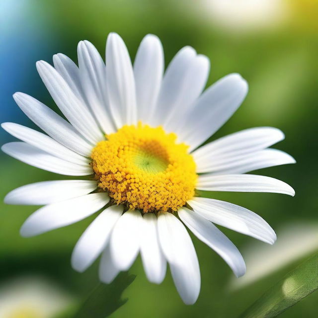 Create an image portraying a delicate daisy with pure white petals and a bright yellow center, standing alone on a blanket of lush, green grass under an azure sky