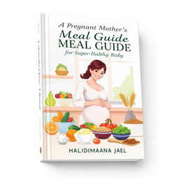 A visually appealing and informative book cover design titled 'A Pregnant Mother's Meal Guide for a Super-Healthy Baby' by Halindimana Jabel