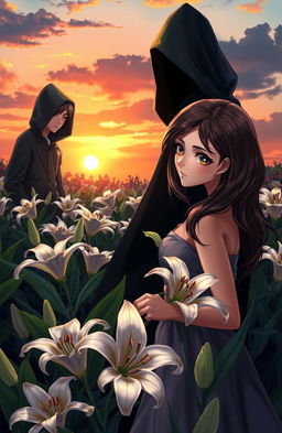 A captivating scene depicting a love triangle involving three characters: a handsome young man, a beautiful young woman, and a mysterious figure shrouded in shadow