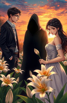 A captivating scene depicting a love triangle involving three characters: a handsome young man, a beautiful young woman, and a mysterious figure shrouded in shadow