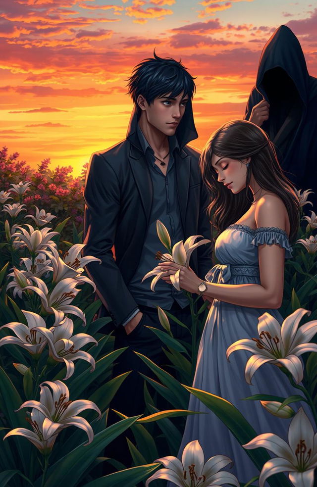 A captivating scene depicting a love triangle involving three characters: a handsome young man, a beautiful young woman, and a mysterious figure shrouded in shadow