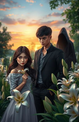 A captivating scene depicting a love triangle involving three characters: a handsome young man, a beautiful young woman, and a mysterious figure shrouded in shadow