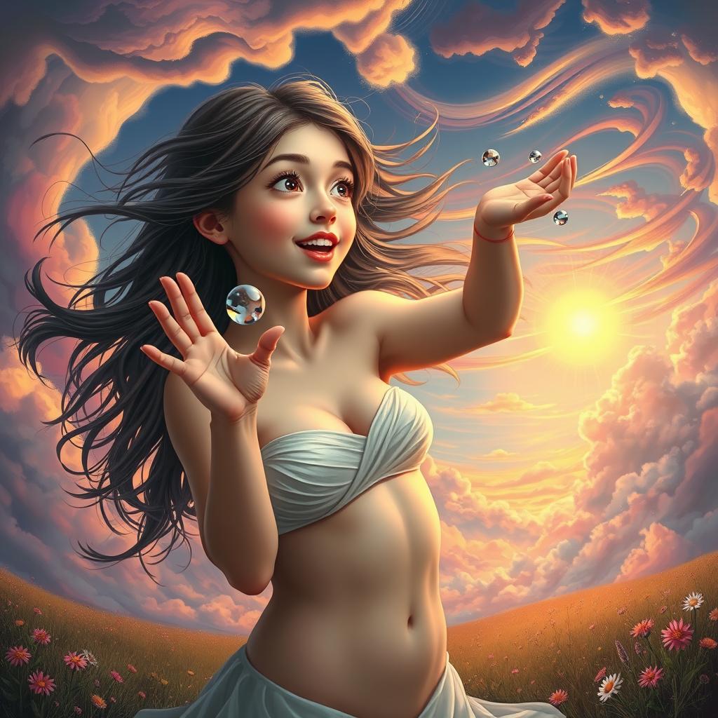 A fantastical and surreal scene where a girl, with an expression of surprise and ecstasy, is portrayed in a playful yet sensual manner