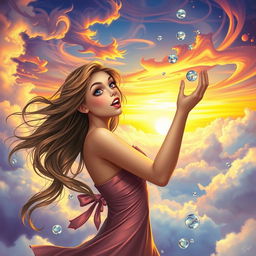 A fantastical and surreal scene where a girl, with an expression of surprise and ecstasy, is portrayed in a playful yet sensual manner