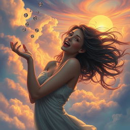 A fantastical and surreal scene where a girl, with an expression of surprise and ecstasy, is portrayed in a playful yet sensual manner