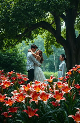 A romantic and dramatic scene depicting a love triangle involving two people deeply in love, and a third person watching them with longing