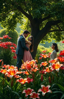 A romantic and dramatic scene depicting a love triangle involving two people deeply in love, and a third person watching them with longing