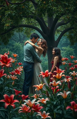 A romantic and dramatic scene depicting a love triangle involving two people deeply in love, and a third person watching them with longing