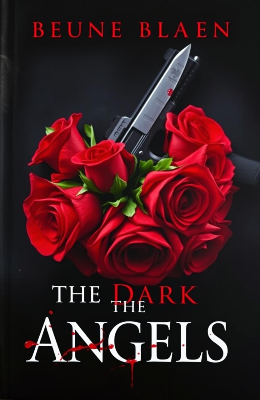 A captivating book cover titled 'The Dark Angels', featuring vibrant red roses artistically arranged, with a menacing gun positioned in the background along with a glinting blade