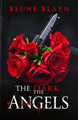 A captivating book cover titled 'The Dark Angels', featuring vibrant red roses artistically arranged, with a menacing gun positioned in the background along with a glinting blade