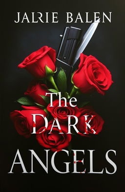 A captivating book cover titled 'The Dark Angels', featuring vibrant red roses artistically arranged, with a menacing gun positioned in the background along with a glinting blade