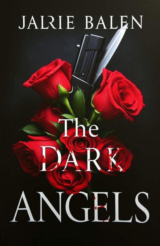 A captivating book cover titled 'The Dark Angels', featuring vibrant red roses artistically arranged, with a menacing gun positioned in the background along with a glinting blade