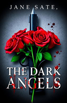 A captivating book cover titled 'The Dark Angels', featuring vibrant red roses artistically arranged, with a menacing gun positioned in the background along with a glinting blade