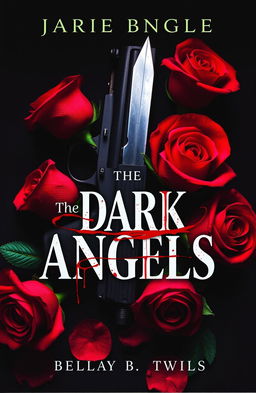 A captivating book cover titled 'The Dark Angels', featuring vibrant red roses artistically arranged, with a menacing gun positioned in the background along with a glinting blade