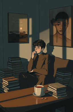 A contemplative scene featuring a person sitting alone in a cozy room, surrounded by shadows and soft light