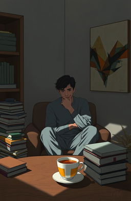A contemplative scene featuring a person sitting alone in a cozy room, surrounded by shadows and soft light