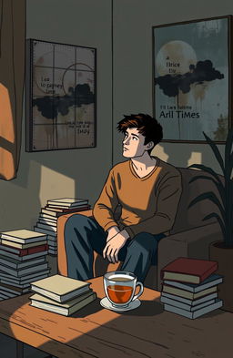 A contemplative scene featuring a person sitting alone in a cozy room, surrounded by shadows and soft light